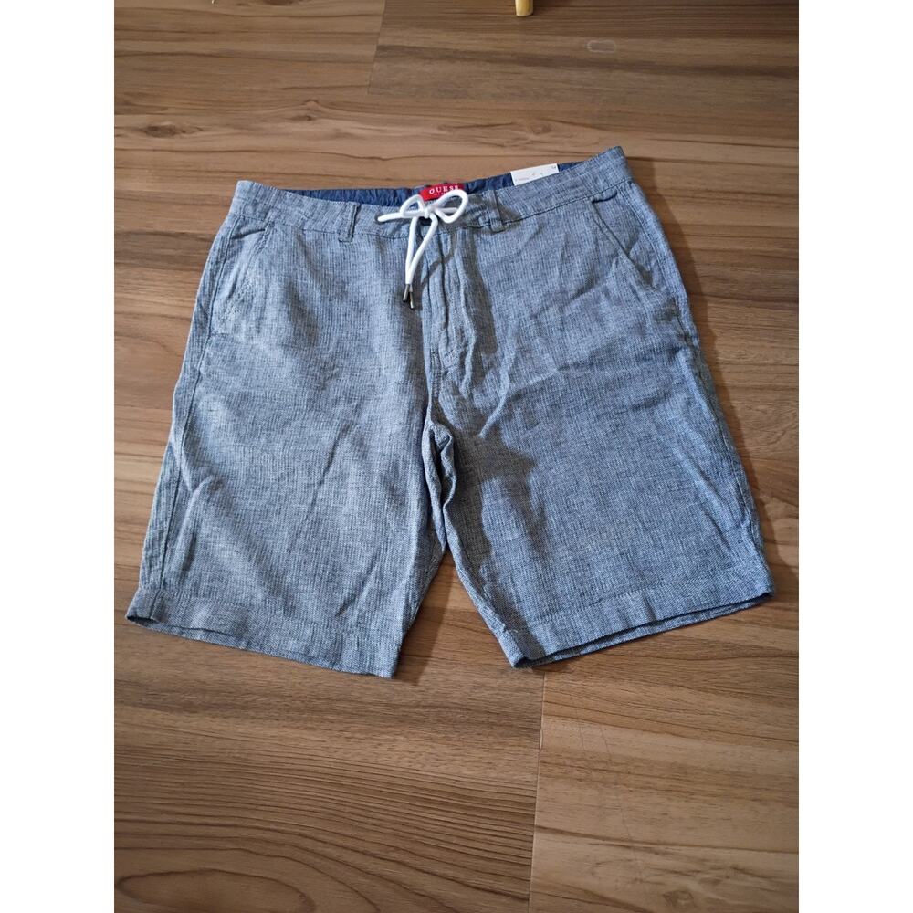 Guess Men 34 Blue Chambray Drawstring Shorts Linen Cotton Blend Bermuda Chino 9"